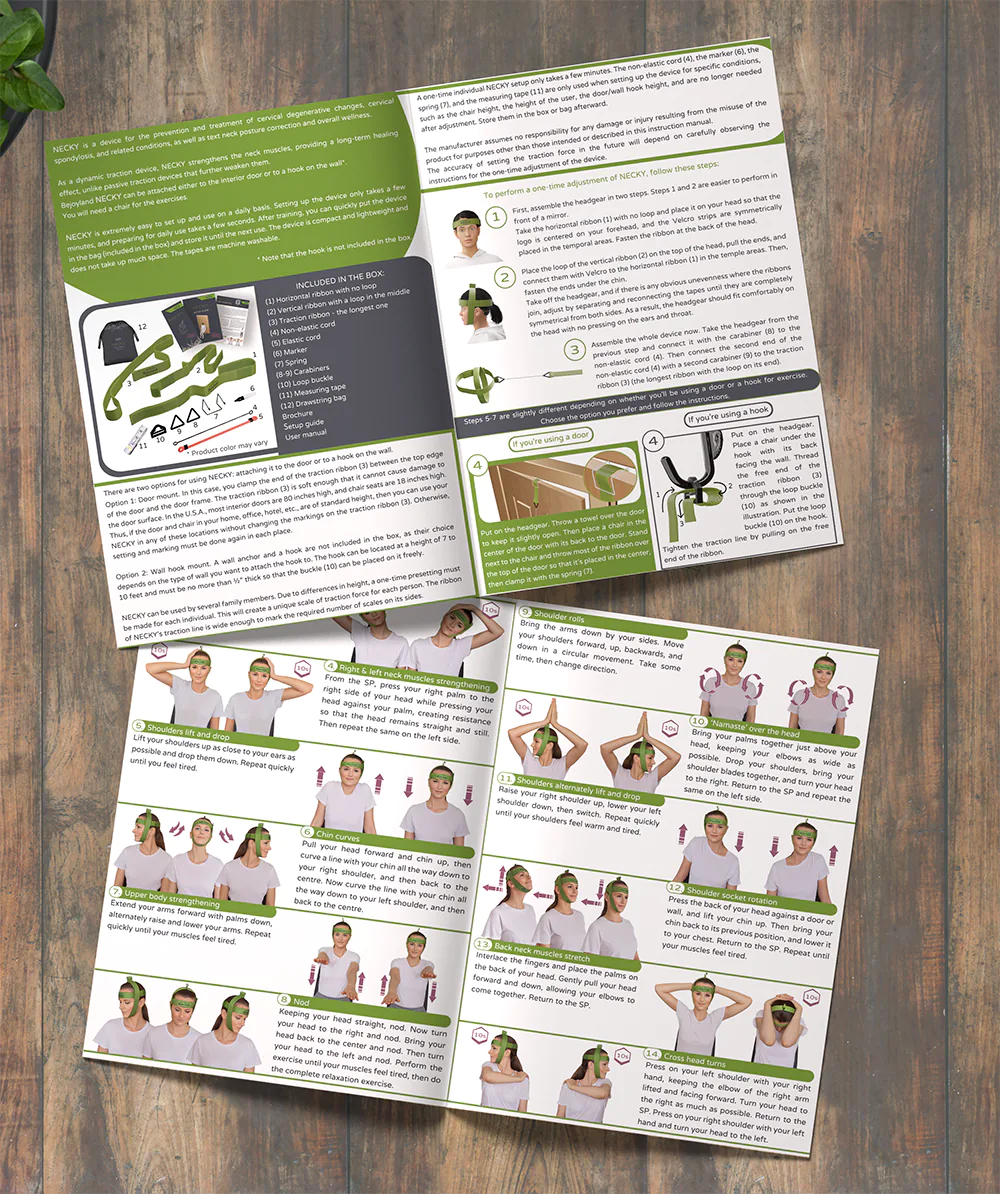 The Bejoyland neck trainer Setup Guide and User Manual on the table, showing instructions and exercises with color illustrations.