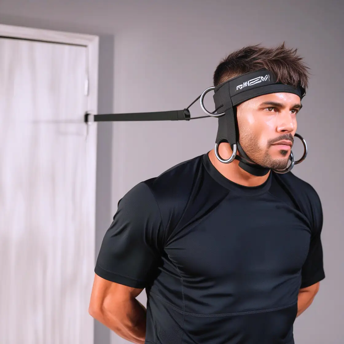 Neck exersices with neck harness and resistance band attached to the door.