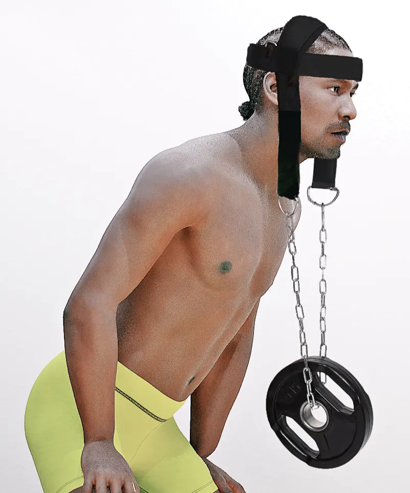 Neck workout with weighted neck harness.