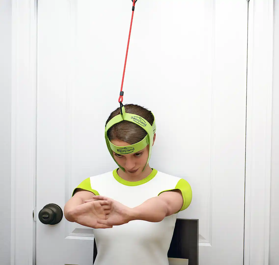 Woman doing a hands-free neck and shoulder strengthening exercise on the Bejoyland Neck Trainer