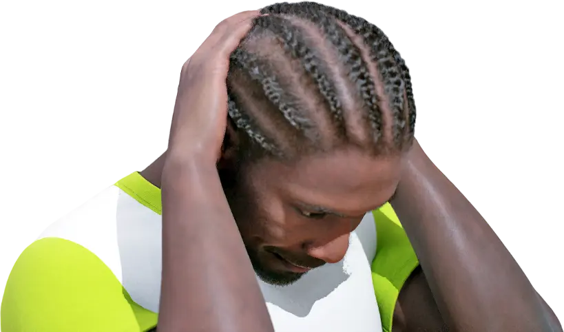 Man performing a back-of-neck stretch, guiding his head forward with interlaced hands to relieve neck tension