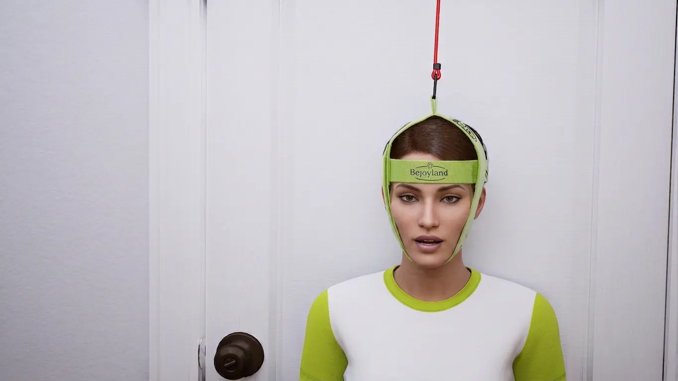 Woman wearing the Bejoyland NECKY chin strap, mouth open against the elastic band's resistance, demonstrating jaw-opening resistance training for the platysma