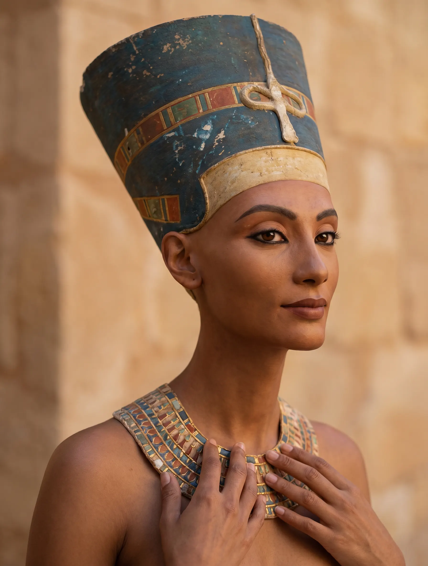 Bust of Nefertiti, known for its long, elegant neck line, used to illustrate the classic aesthetic ideal behind turkey neck exercises