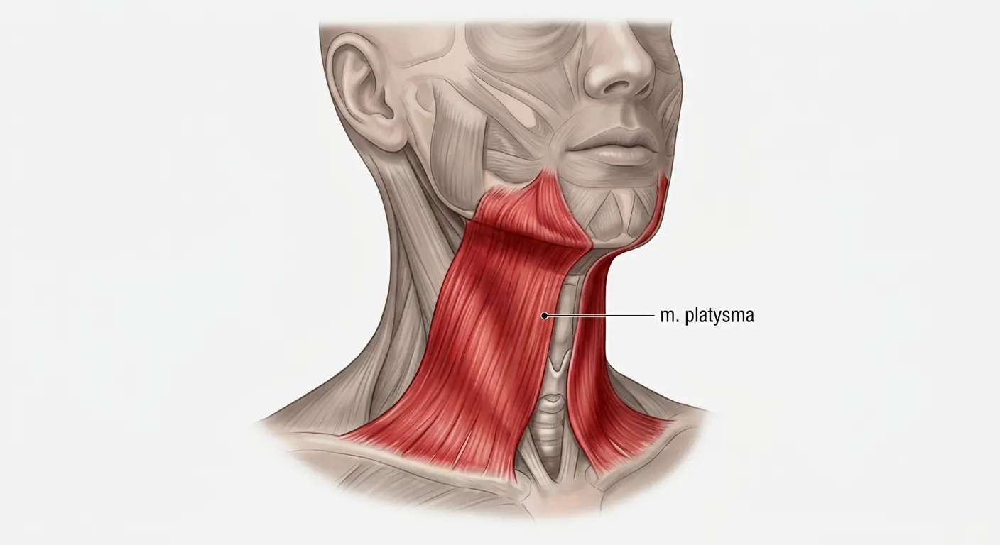 Anatomical diagram of the platysma muscle targeted by real jawline exercises: a broad sheet running from the jawline and corners of the mouth down to the collarbone and upper chest