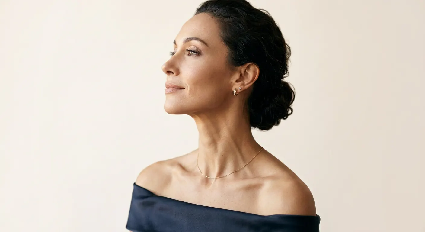 Woman with a defined, elegant neck profile, illustrating a toned platysma's effect on neck appearance