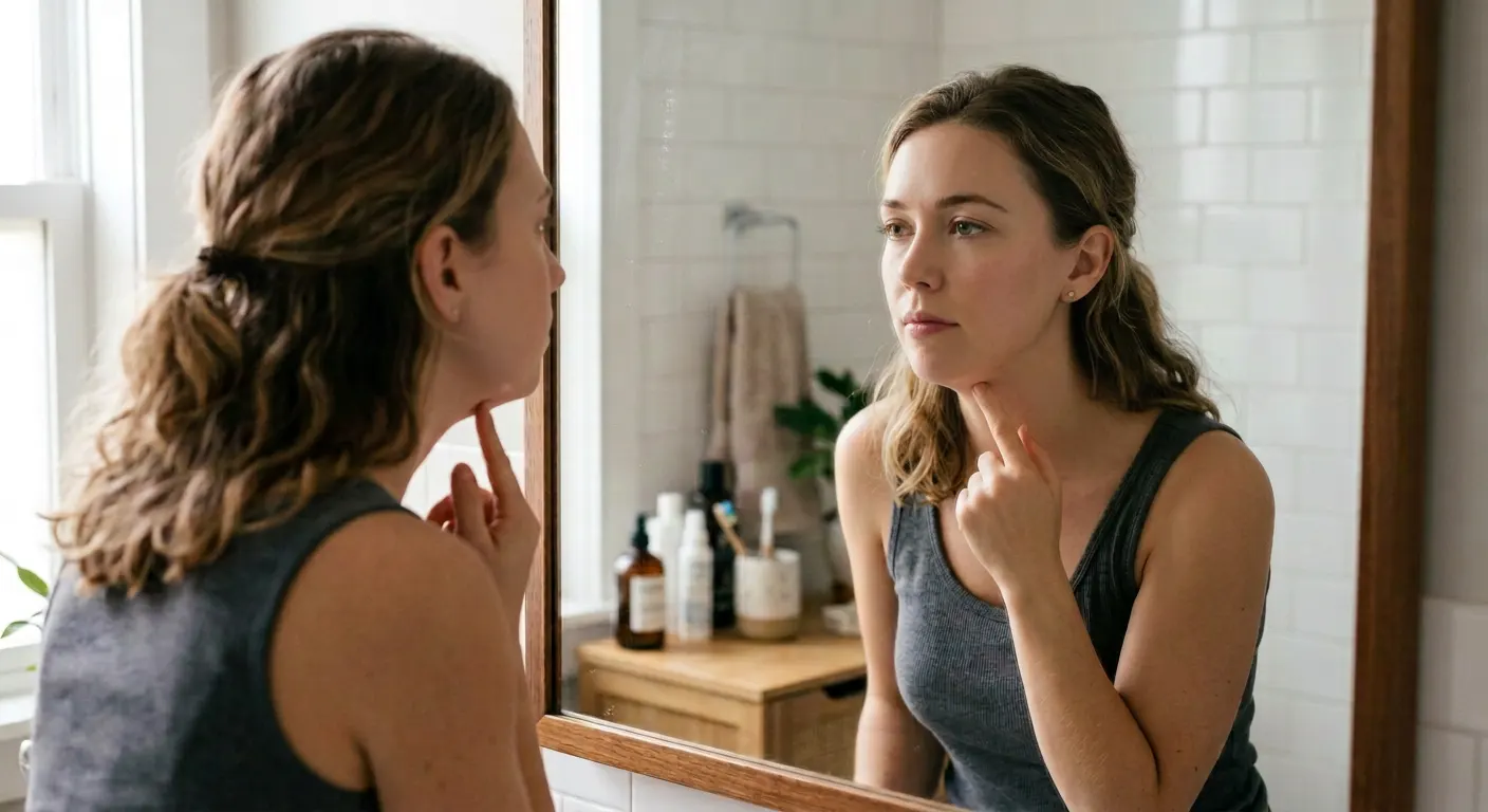Woman examining her jawline and double chin profile in a mirror, touching her neck